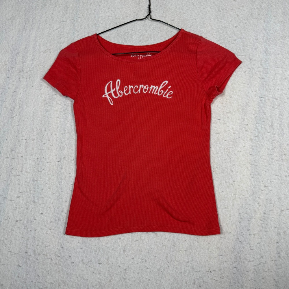 Abercrombie Kids Girls Red Ribbed Short Sleeve Logo Graphic T-Shirt Size 9/10